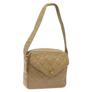 CHANEL Matelasse Shoulder Bag Lamb Skin Beige Gold CC Auth yk18360